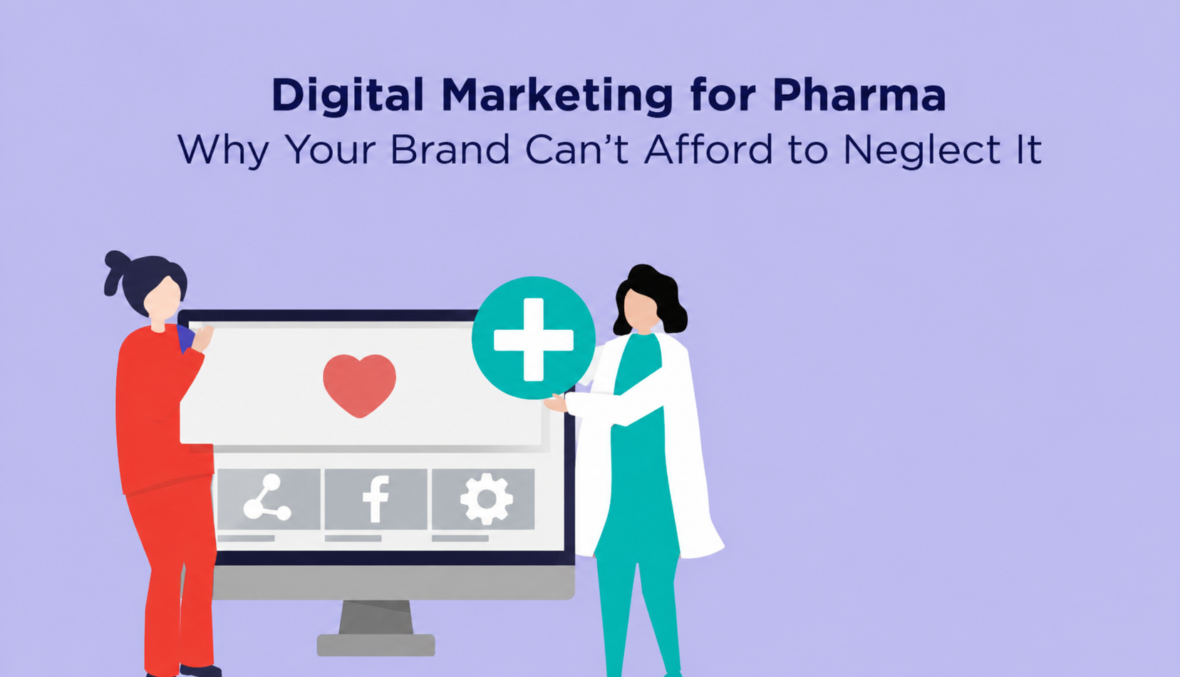 Digital marketing for pharma illustration featuring a healthcare professional, a customer and a computer displaying medical and social media icons.