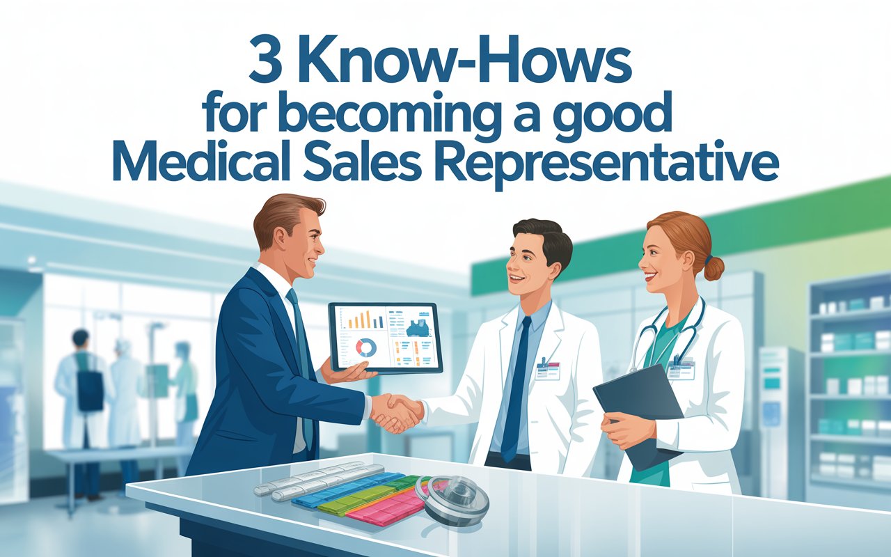 Illustration of a medical sales representative shaking hands with healthcare professionals while presenting a tablet with data charts. The background features a medical setting with shelves of products