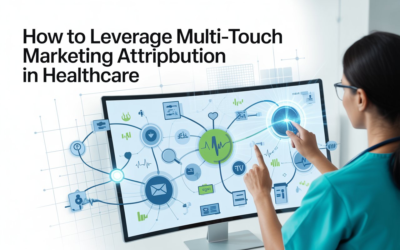 A healthcare professional interacting with a digital marketing dashboard, displaying various data points and icons representing multi-touch attribution in healthcare