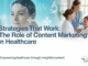 Healthcare professionals engaging in discussion with patient, overlaid with medical icons and text highlighting strategies in content creation in healthcare, emphasizing insightful and empowering healthcare content by eMediWrite.