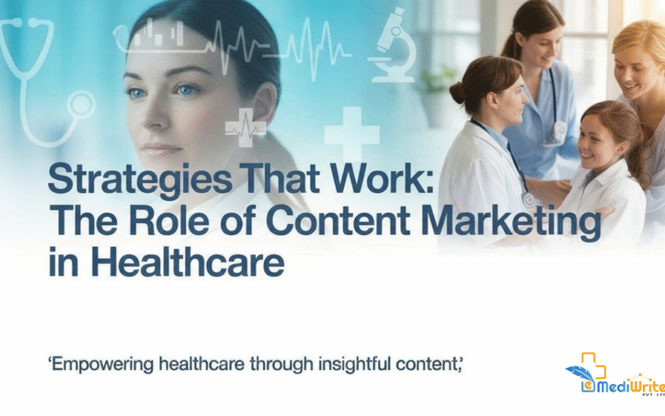 Strategies That Work: The Role of Content Marketing in Healthcare Healthcare professionals engaging in discussion with patient, overlaid with medical icons and text highlighting strategies in content creation in healthcare, emphasizing insightful and empowering healthcare content by eMediWrite.