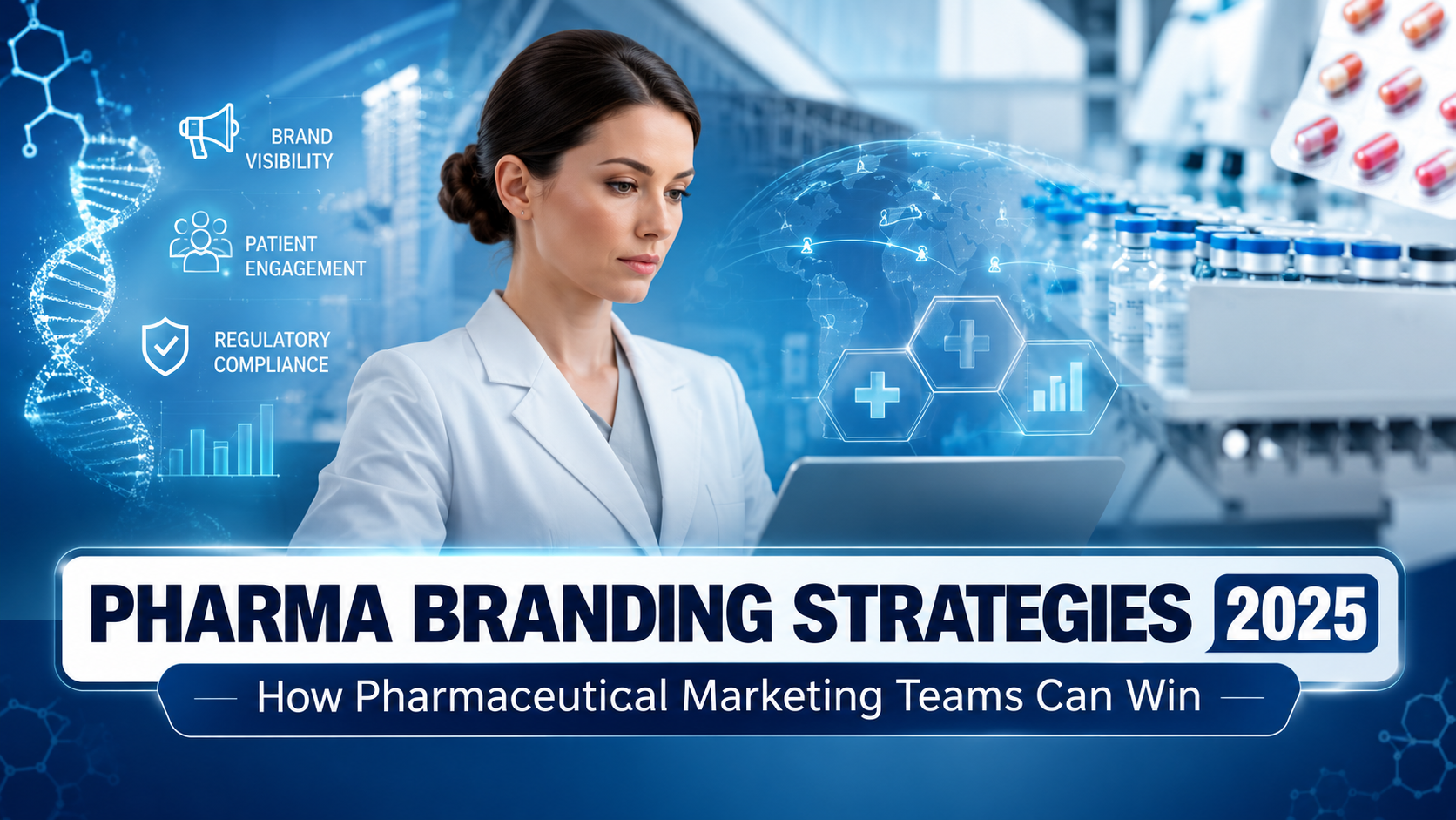 Pharmaceutical scientist using a laptop in a laboratory, illustrating 2025 pharma branding strategies, patient engagement, brand visibility, and regulatory compliance.
