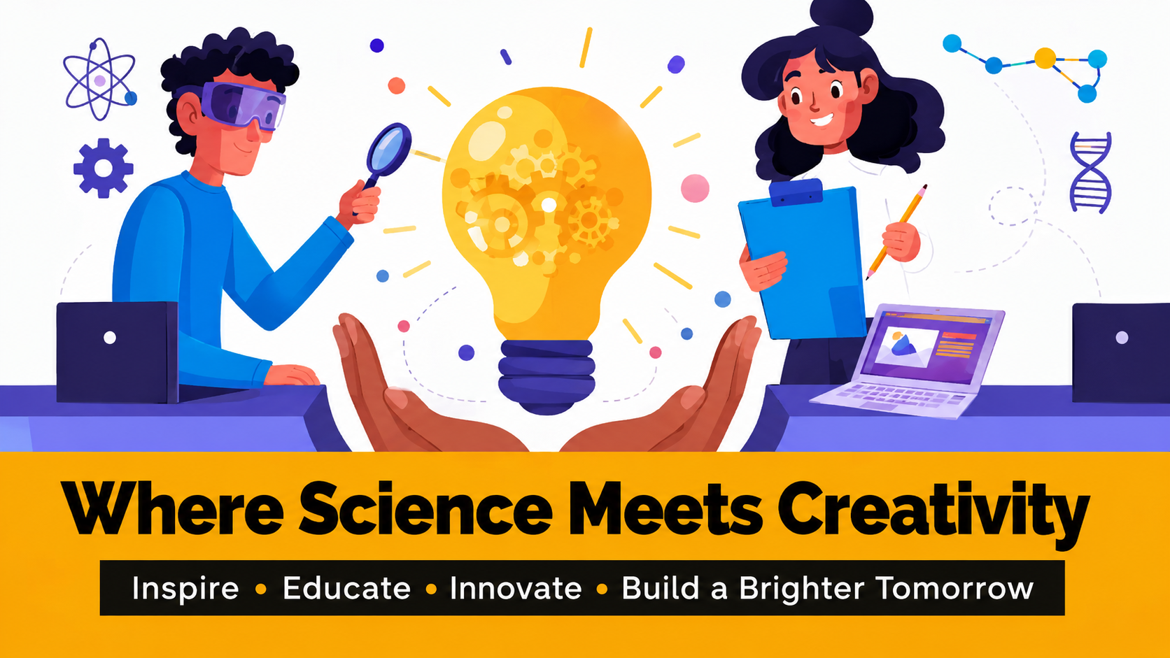 Scientists exploring a glowing light bulb, symbolising the connection between science, creativity, education and innovation.