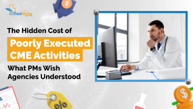 emediwrite-cme-activities-imagev3 Promotional graphic for eMediWrite about the "Hidden Cost of Poorly Executed CME Activities" featuring a doctor looking intently at a computer screen.