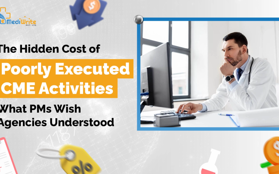 Promotional graphic for eMediWrite about the "Hidden Cost of Poorly Executed CME Activities" featuring a doctor looking intently at a computer screen.