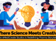 Illustration depicting the intersection of science and creativity, with two people, a lightbulb, and the text "Where Science Meets Creativity: How eMediCreate Studios Is Redefining Pharma Storytelling."