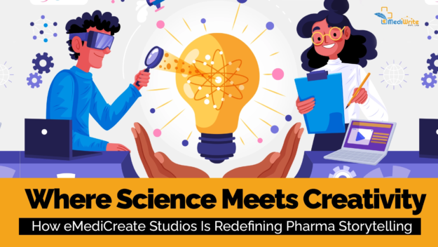 Illustration depicting the intersection of science and creativity, with two people, a lightbulb, and the text "Where Science Meets Creativity: How eMediCreate Studios Is Redefining Pharma Storytelling."