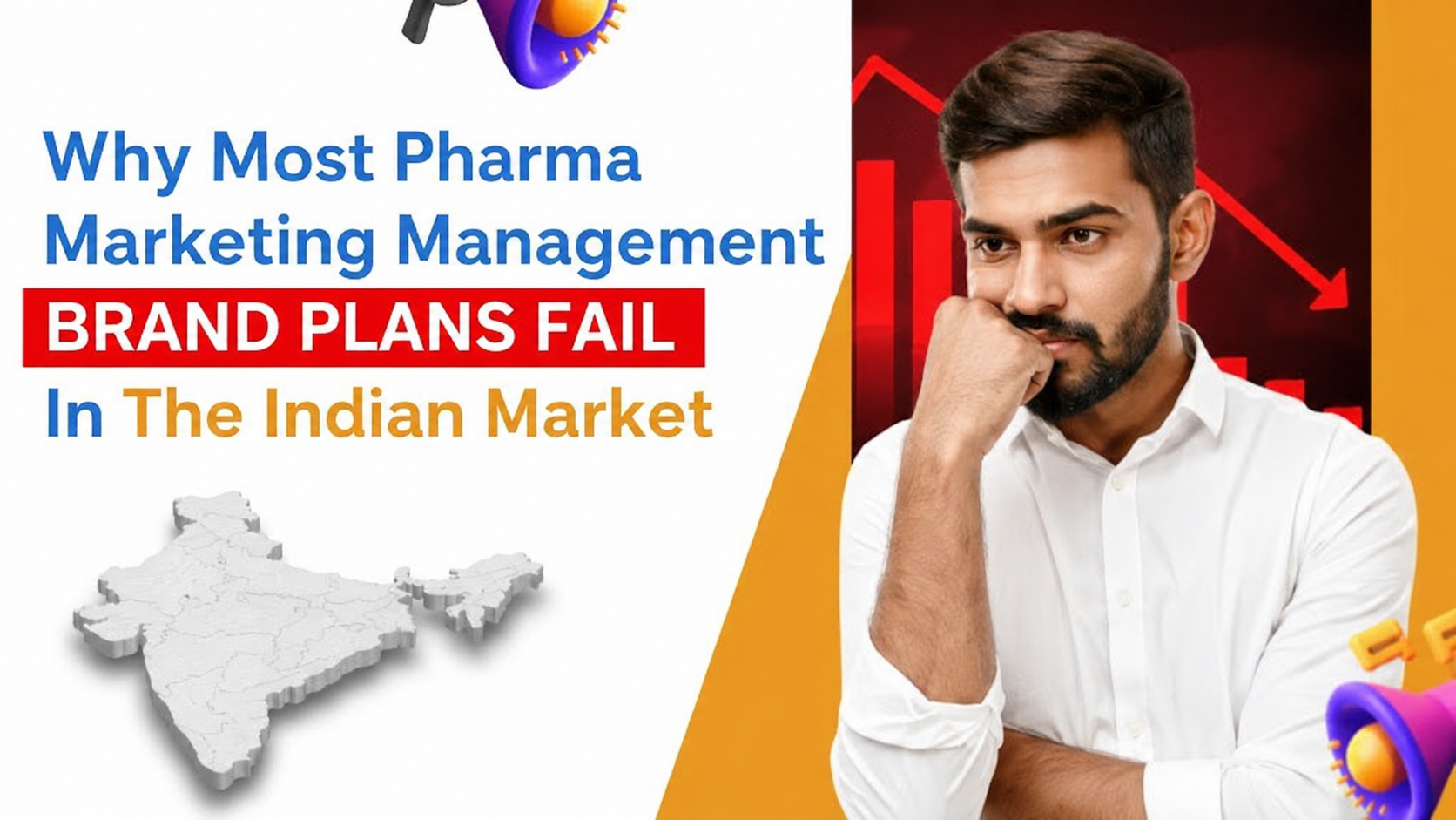 Concerned pharma marketing manager beside a declining graph and India map, illustrating why pharmaceutical brand plans fail in the Indian market.