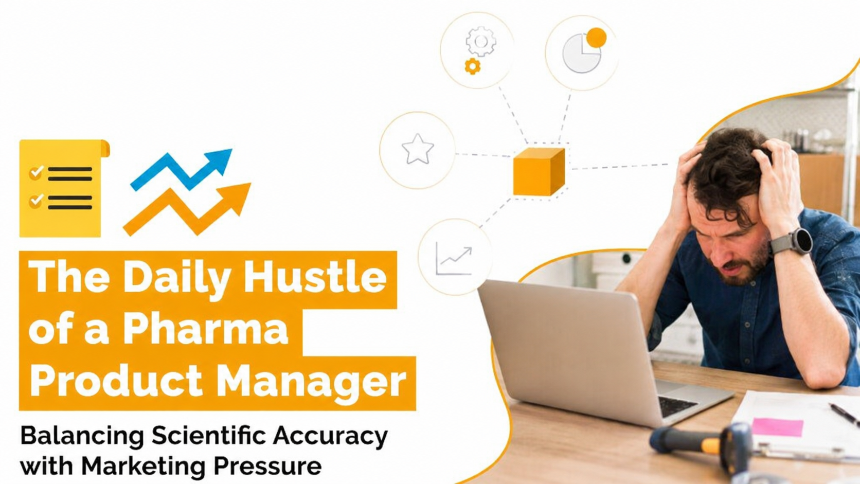 Stressed pharma product manager working on a laptop while balancing scientific accuracy with marketing pressure.
