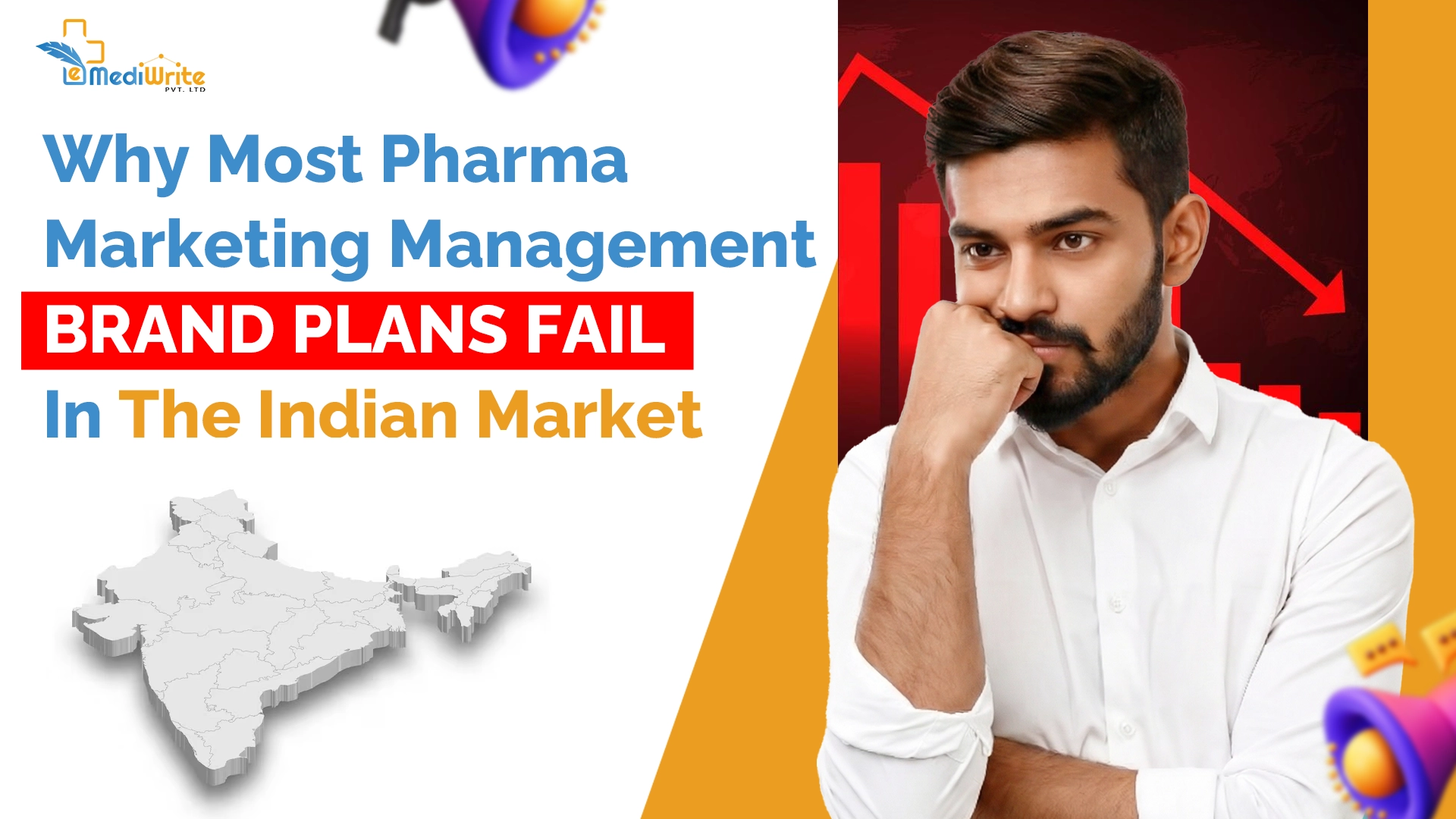 Educational banner about pharma marketing brand plan failures in India, featuring a pensive professional and a downward-trending chart.