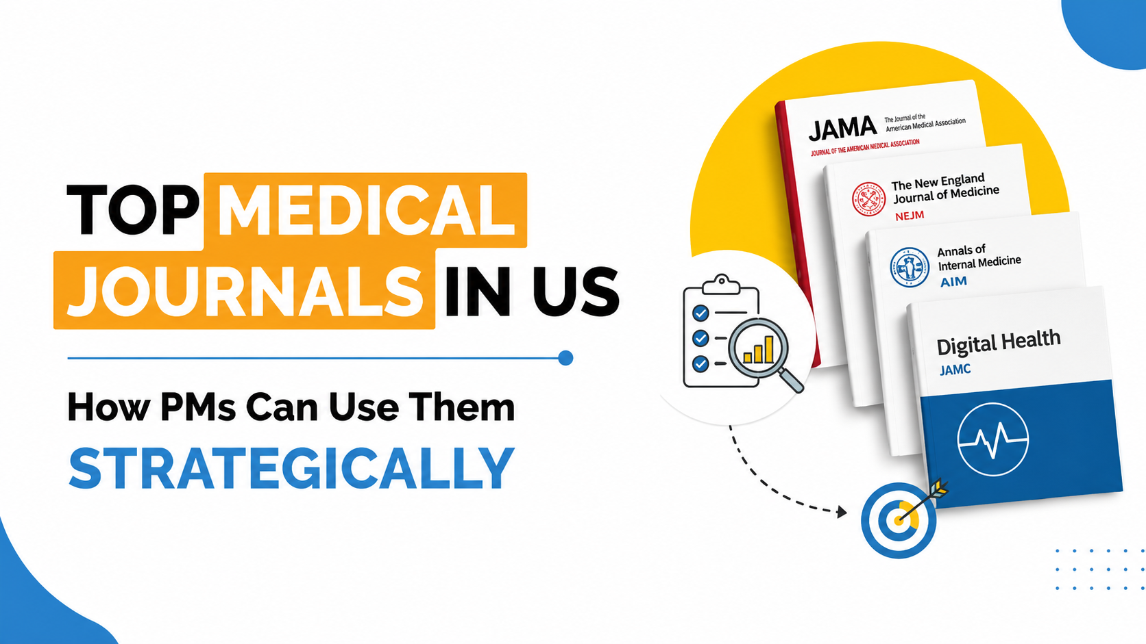 Top medical journals in the U.S. with JAMA, NEJM, Annals of Internal Medicine, and Digital Health covers for strategic use by product managers.